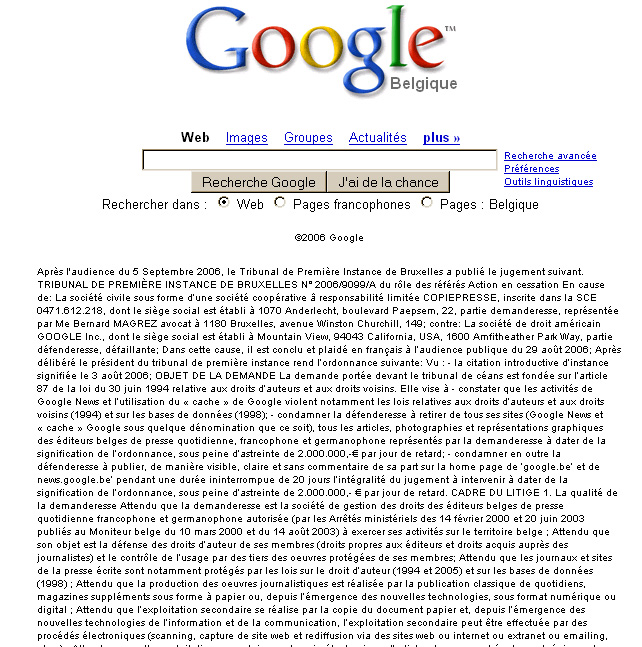 La dcision belge sur Google.be le 23 septembre