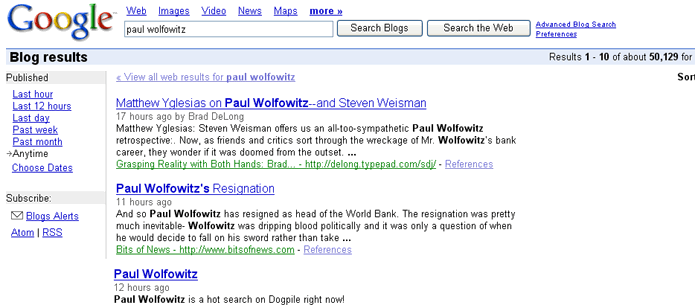 Les résultats de Google Blog Search dans Google Web