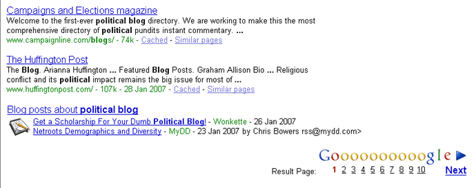 Google onebox political blogs