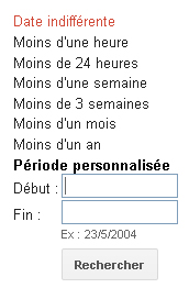 Options de dates, menu gauche de Google